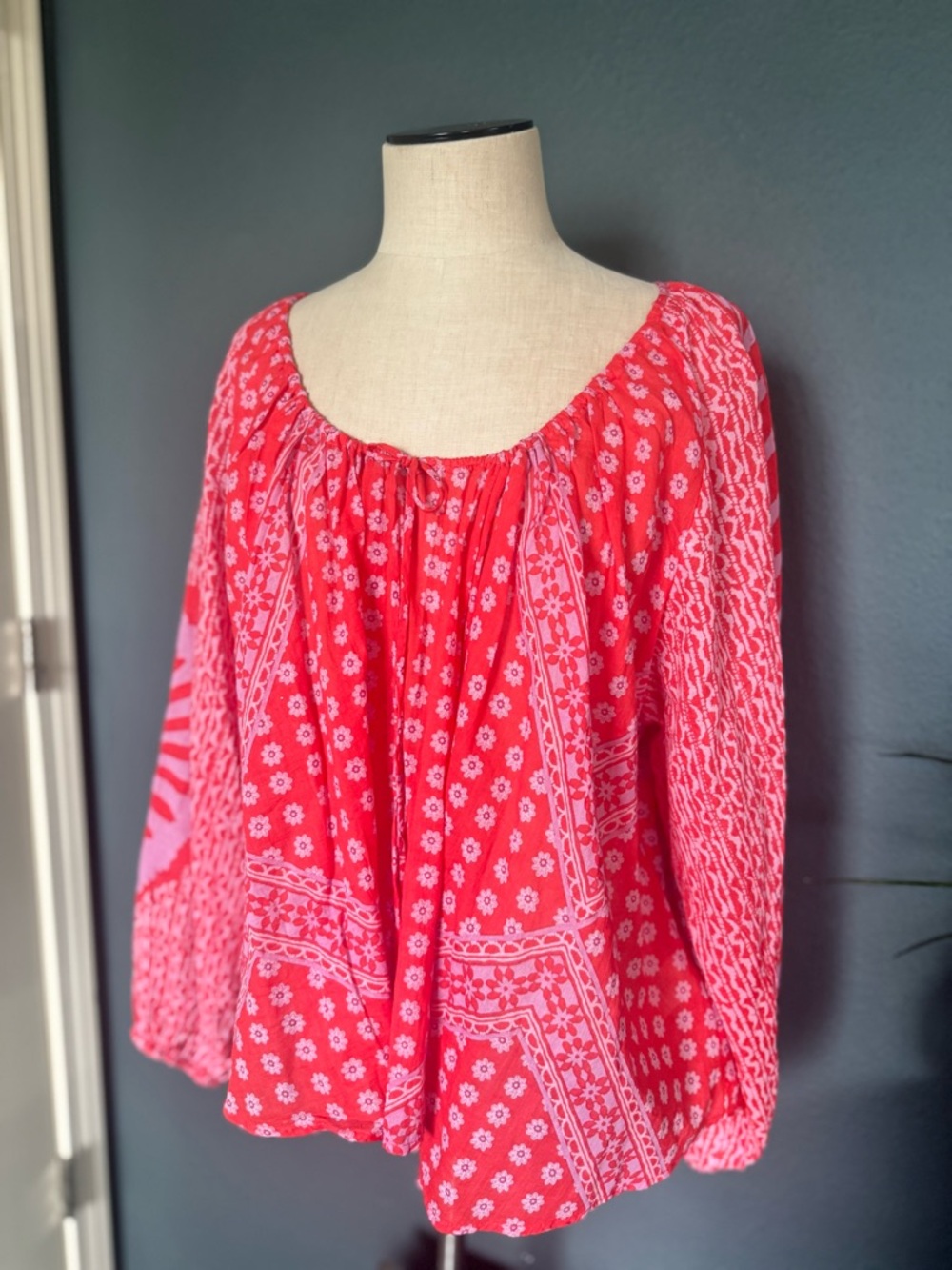 Free People Pink-Red Floral Peasant Blouse